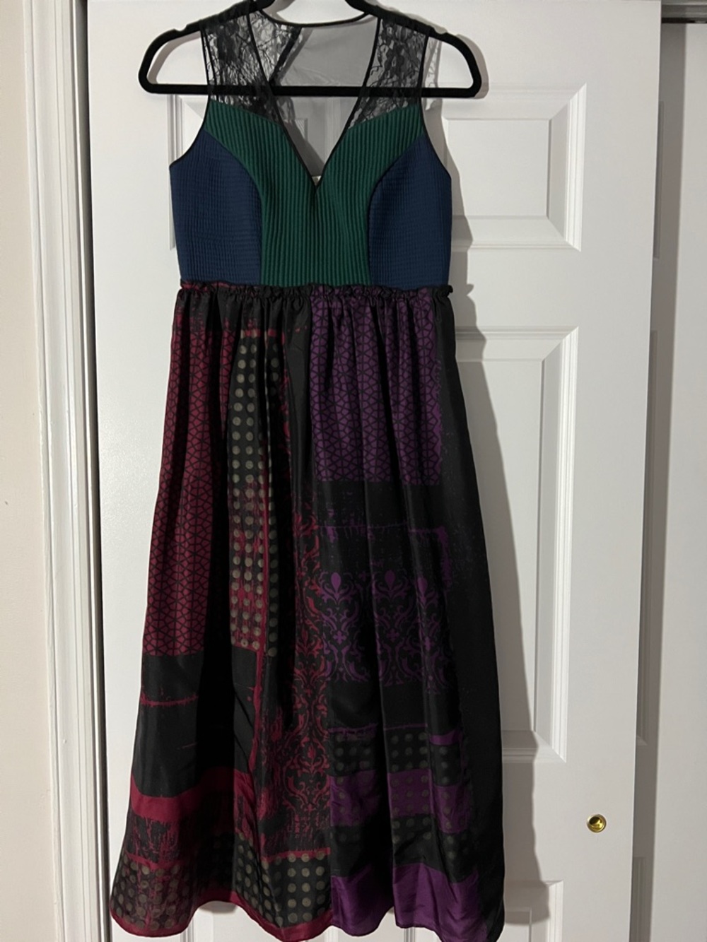Anthropologie Green and Navy Lace-Yoke Patchwork Skirt Dress